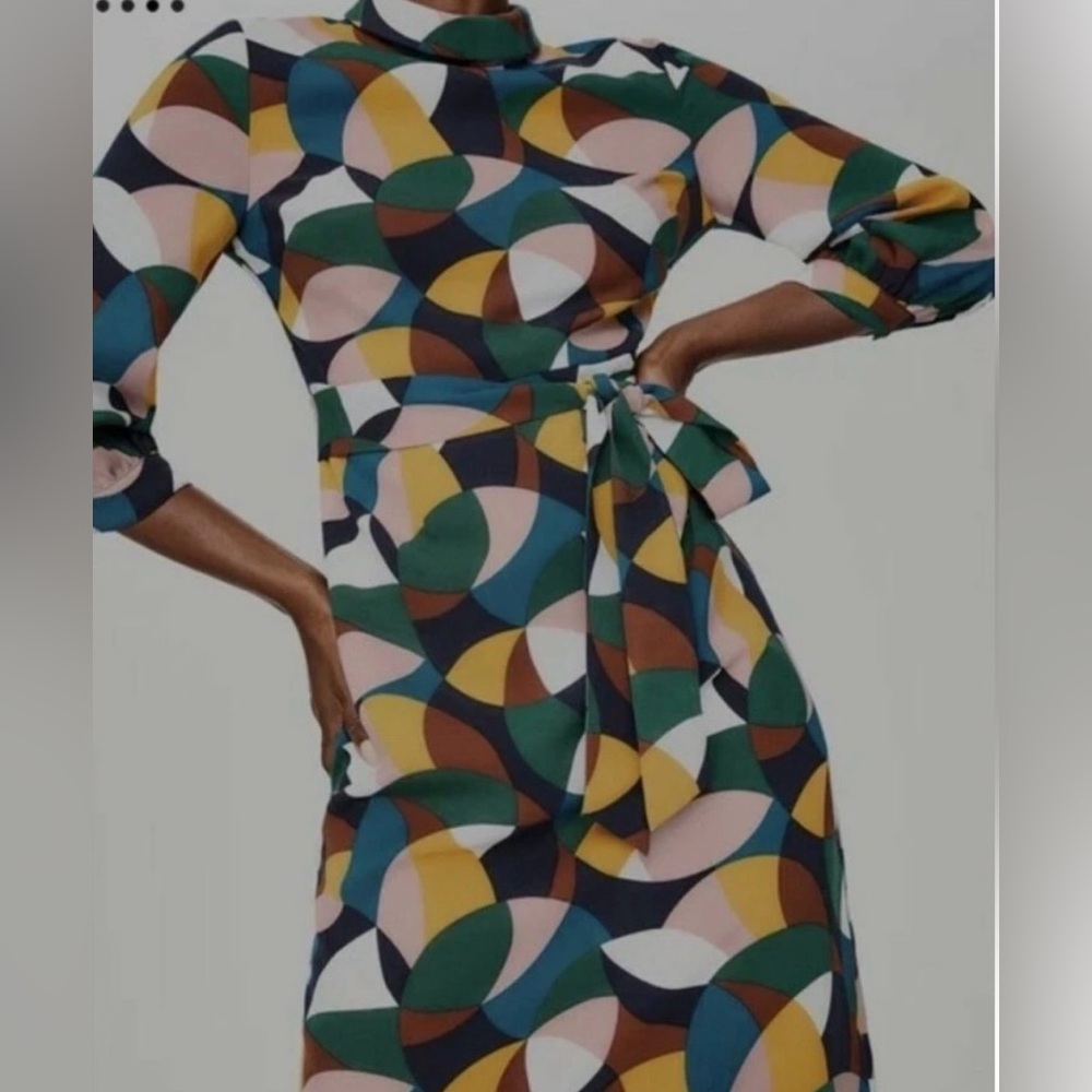 Lottie by Boden Midi Geometric Print Belted Dress Autumn Fall Size US